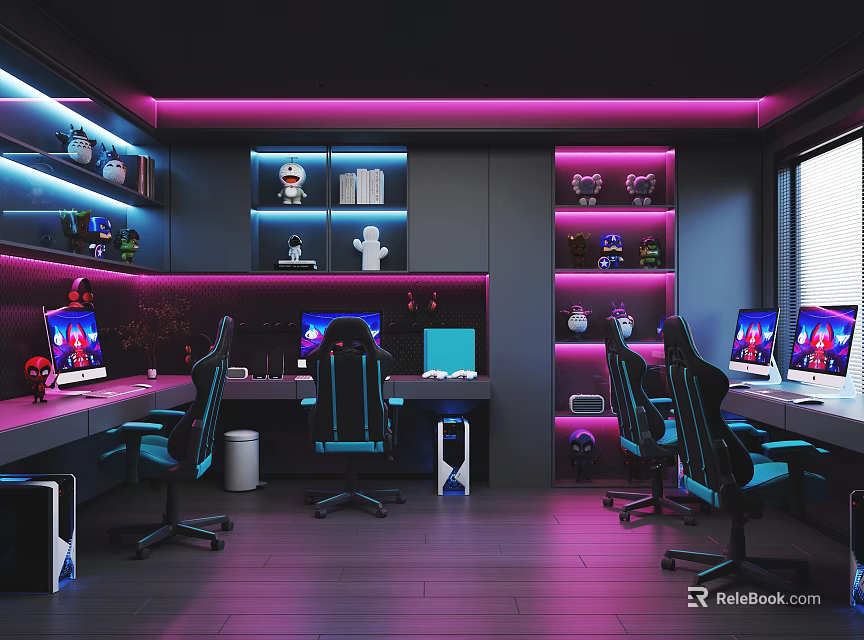 High End Internet Cafe Interior With Ergonomic Gaming Chairs RGB Neon Lights And Multiple Computers 3d model 