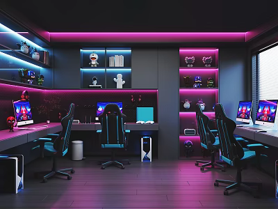 High End Internet Cafe Interior With Ergonomic Gaming Chairs RGB Neon Lights And Multiple Computers 3d model