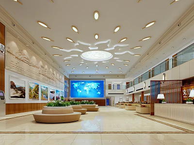 Spacious Modern Service Hall Interior With Ceiling Lights Large Screen Green Plants And Seating Area 3d model