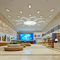 Spacious Modern Service Hall Interior With Ceiling Lights Large Screen Green Plants And Seating Area