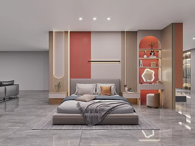 Elegant Modern Bedroom Furniture Showroom With Comfortable Bed Decorative Mirror Nightstand And Stylish Bookshelves 3d model