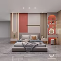 Elegant Modern Bedroom Furniture Showroom With Comfortable Bed Decorative Mirror Nightstand And Stylish Bookshelves