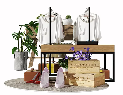 Clothes Hangers With White Tops Decorative Plants High Heels And Wooden Boxes On Carpet 3d model