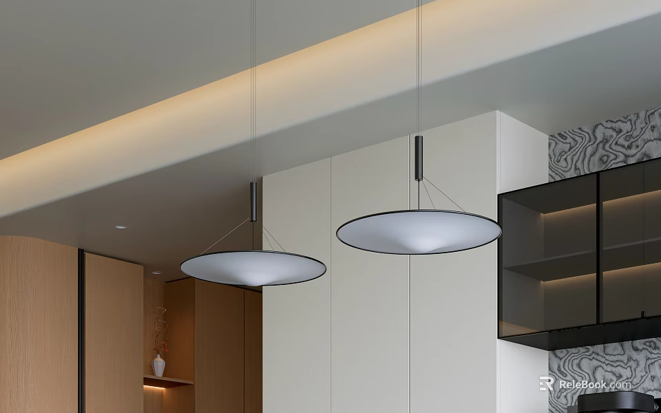Circular Pendant Lights Hanging In Modern Interior With Wooden Cabinets And Open Shelves 3d model 