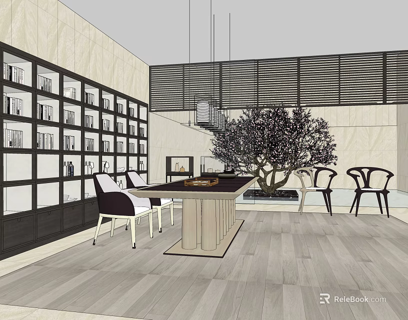 Modern Tea Table And Chairs Interior With Wall Shelves Hanging Lights And Bonsai Tree 3d model 