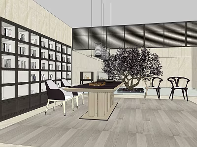 Modern Tea Table And Chairs Interior With Wall Shelves Hanging Lights And Bonsai Tree 3d model