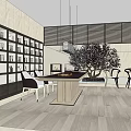 Modern Tea Table And Chairs Interior With Wall Shelves Hanging Lights And Bonsai Tree