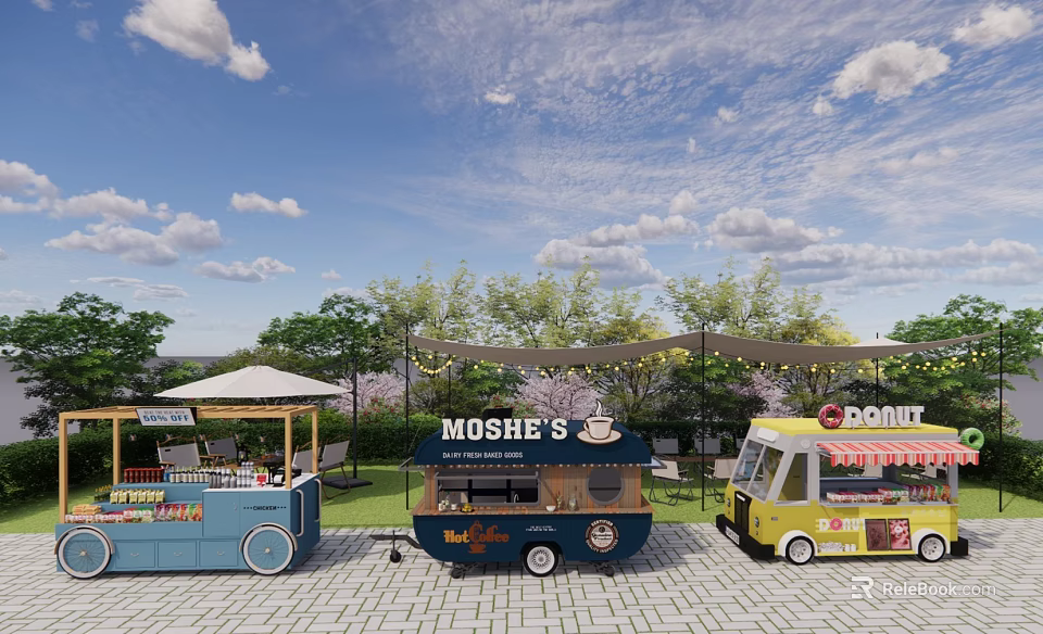 Vibrant Food Trucks For Outdoor Dining With Green Trees And Patio Seating 3d model 