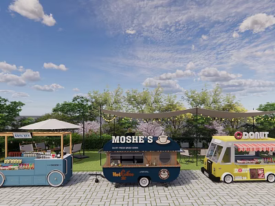 Vibrant Food Trucks For Outdoor Dining With Green Trees And Patio Seating 3d model
