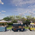 Vibrant Food Trucks For Outdoor Dining With Green Trees And Patio Seating