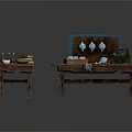 Wooden Furniture Including Small Table Large Desk With Blue Ornaments Open Box And Green Plants