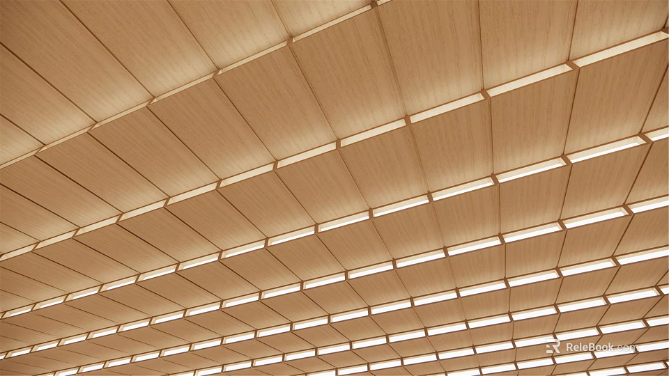 Modern Wooden Slatted Ceiling Design With Integrated Lighting And Structural Details 3d model 
