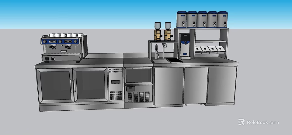 Stainless Steel Commercial Kitchen Cabinets With Coffee Machines And Storage Shelves 3d model 