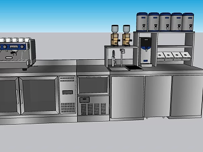 Stainless Steel Commercial Kitchen Cabinets With Coffee Machines And Storage Shelves 3d model