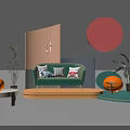 Modern Interior Scene With Green Sofa Pillows Circular Decor Orange Spheres And Plants