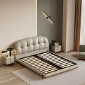 Modern Bedroom Interior With Brown Leather Padded Headboard Beige Dark Green Walls And Wall Lamp