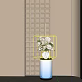 White Vase With Mixed Flowers On Pedestal Against Geometric Pattern Wall With Sunlight Shadows