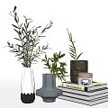 Decorative Ornament Set With Green Plants White Gray Black Vases And Books