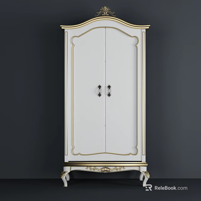 Classic White Double Door Wardrobe With Gold Accents Carved Details And Black Handles 3d model 