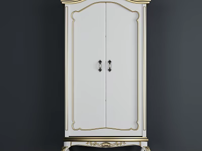 Classic White Double Door Wardrobe With Gold Accents Carved Details And Black Handles 3d model