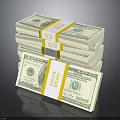 Stacks of 100 Dollar Bills Bound with Yellow Straps Labeled 10000 USD on Dark Surface