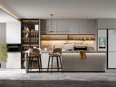 Modern Kitchen Interior With Marble Island Counter And Bar Stools Cabinets 3d model