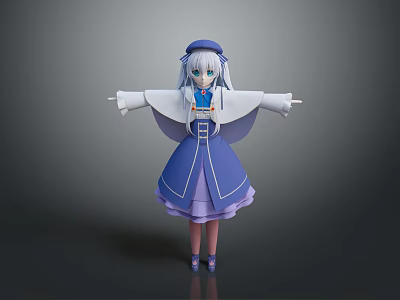 Anime Game Character With Blue Hair Purple Dress And White Cape Arms Outstretched Pose 3d model