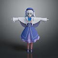 Anime Game Character With Blue Hair Purple Dress And White Cape Arms Outstretched Pose