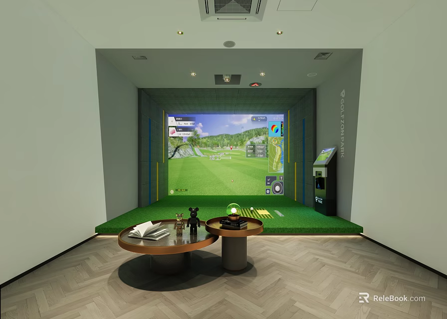 Indoor Golf Simulator Room With Green Turf And Golf Course Screen Setup 3d model