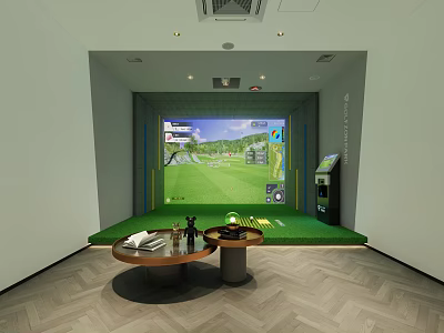 Indoor Golf Simulator Room With Green Turf And Golf Course Screen Setup 3d model
