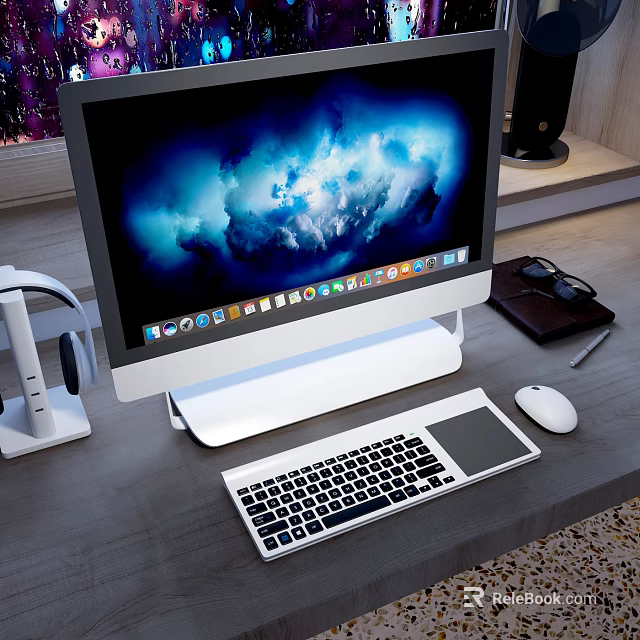 Sleek Modern iMac Desktop Computer with Monitor Keyboard Mouse and Headphones 3d model 