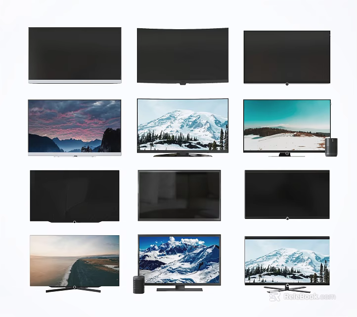 Different TV Screens Display Scenic Mountain Snow Sunset Views And Black Screens 3d model 