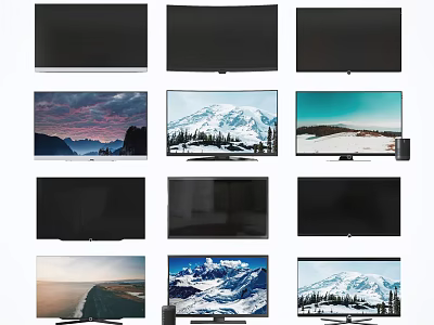 Different TV Screens Display Scenic Mountain Snow Sunset Views And Black Screens 3d model