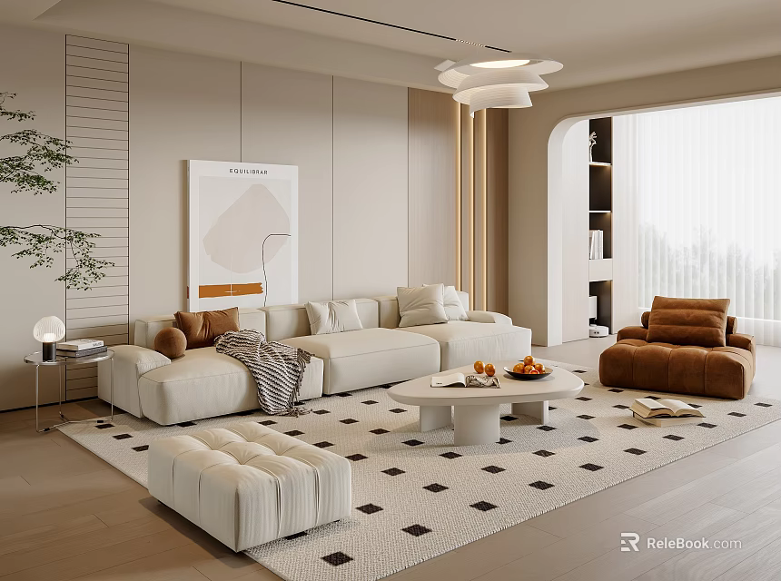 Elegant Modern Living Room Interior With Beige Sofa Round Coffee Table And Area Rug 3d model 