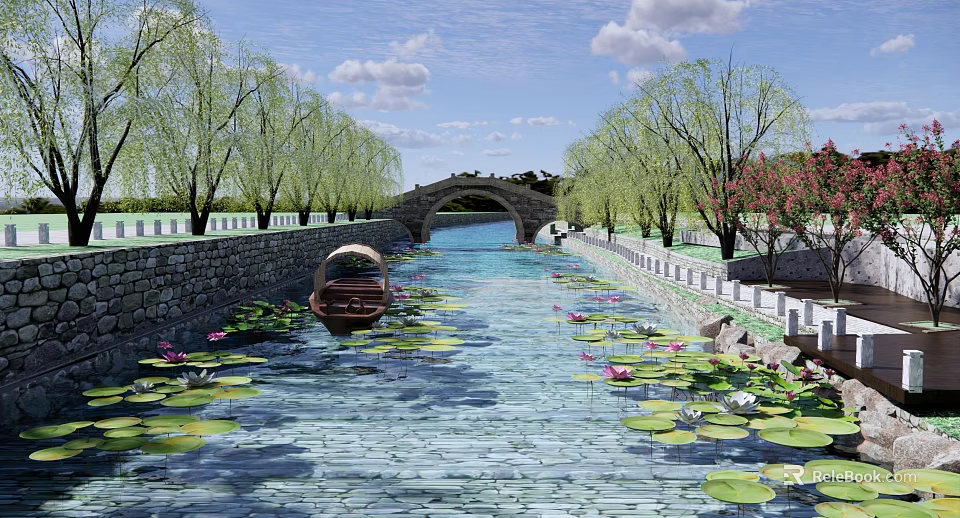 Waterfront Landscape with Stone Arch Bridge Willow Trees Water Lilies and Boat on Calm River 3d model 