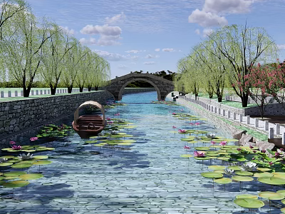 Waterfront Landscape with Stone Arch Bridge Willow Trees Water Lilies and Boat on Calm River 3d model