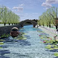 Waterfront Landscape with Stone Arch Bridge Willow Trees Water Lilies and Boat on Calm River