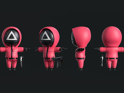 Pink Hooded Character With White Triangle Symbol Holding Gun In Multiple Angles 3d model