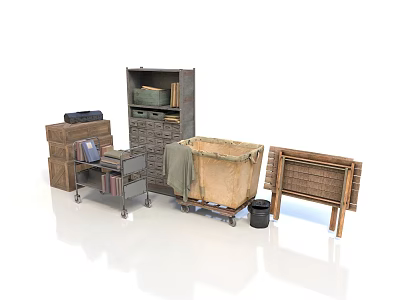 Vintage Storage Furniture Collection With Cabinet Trunk Cart Shelf And Woven Basket 3d model