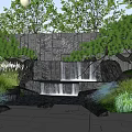 Natural Stone Feature Wall with Cascading Waterfall Lush Greenery and Decorative Rocks in Garden Landscape