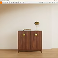 Walnut Decorative Cabinet With Golden Round Knobs And Books On Top Near Light Wall 3d model