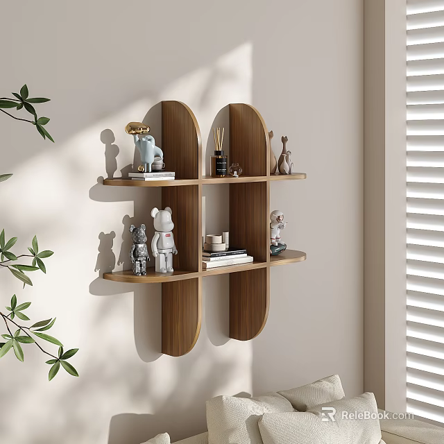 Wooden Wall Mounted Cabinets in Sunlit Room With Decorative Figurines Books And Green Plants 3d model 