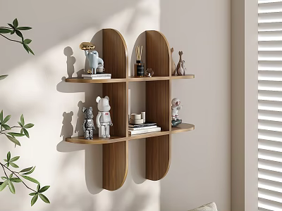 Wooden Wall Mounted Cabinets in Sunlit Room With Decorative Figurines Books And Green Plants 3d model