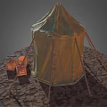 Green Camping Tent with Wooden Poles on Rocky Dirt Ground and Fruit Filled Crates