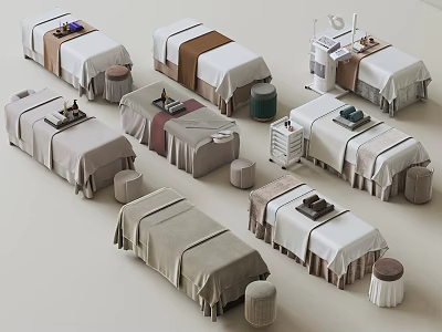 Multiple Massage Beds With Linen Covers And Side Stools Arranged Neatly 3d model