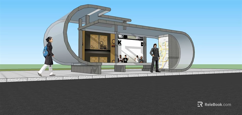 Modern Bus Stop Shelter With Contemporary Design Passengers Waiting Area Seats And Transparent Panels 3d model 