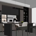 Modern Restaurant Interior With Dark Cabinets Island Counter Chairs And Lighting