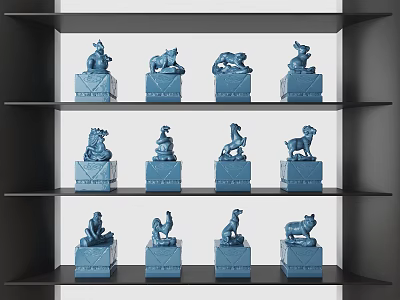 Blue Animal Decorative Figurine Set Arranged On Multi Layer Display Shelf 3d model