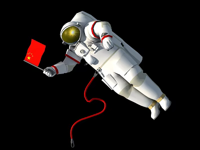 Man Wearing White Spacesuit Floating In Outer Space Holding Chinese Flag 3d model