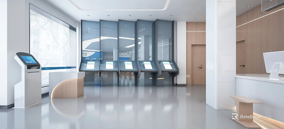 Modern Service Hall With Self Service Kiosks 3d model 